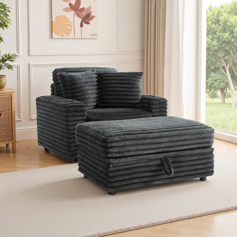 Oversized Cotton Flannel Chaise Longue with Storage Ottoman