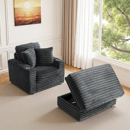 Oversized Cotton Flannel Chaise Longue with Storage Ottoman