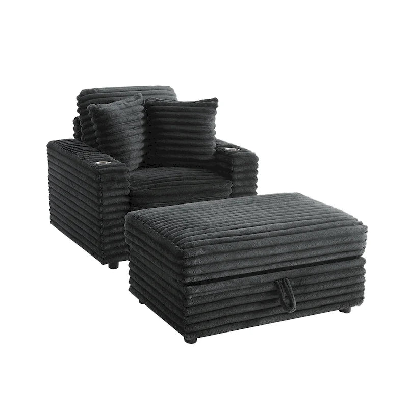 Oversized Cotton Flannel Chaise Longue with Storage Ottoman