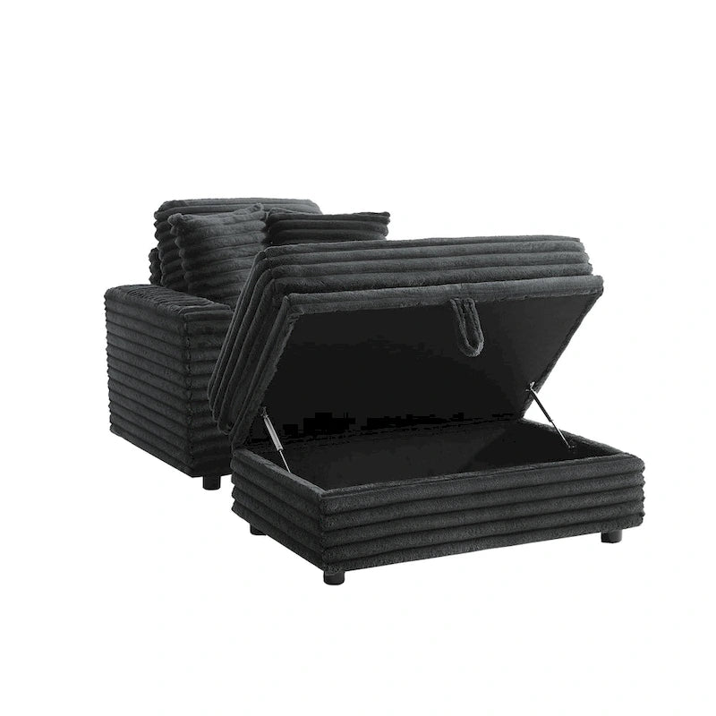 Oversized Cotton Flannel Chaise Longue with Storage Ottoman