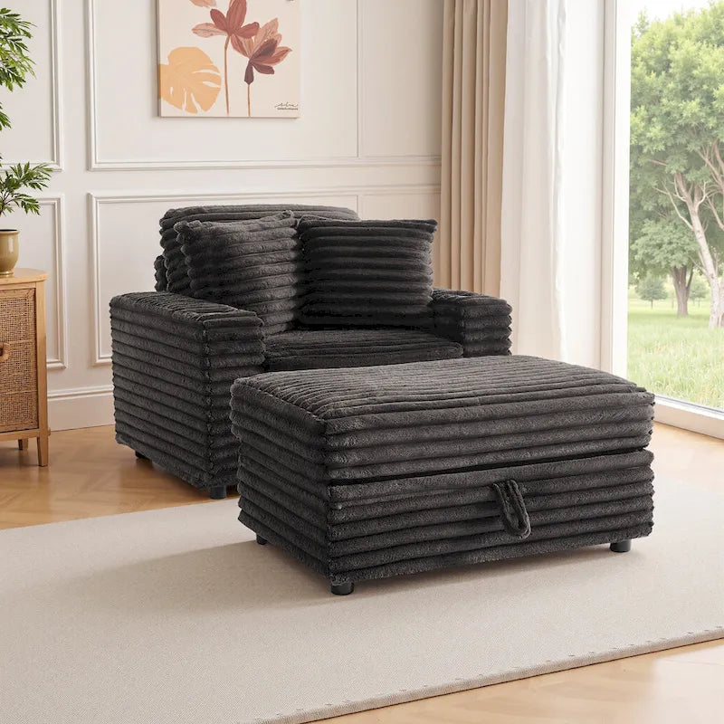 Oversized Cotton Flannel Chaise Longue with Storage Ottoman