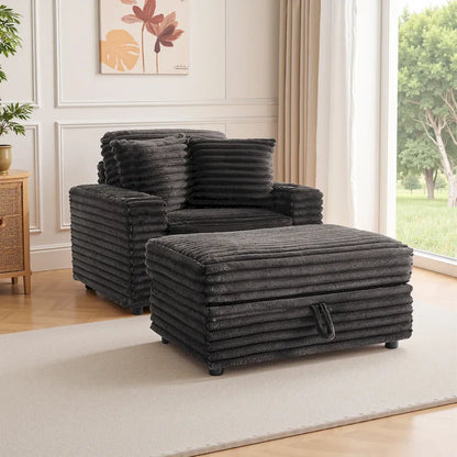 Oversized Cotton Flannel Chaise Longue with Storage Ottoman