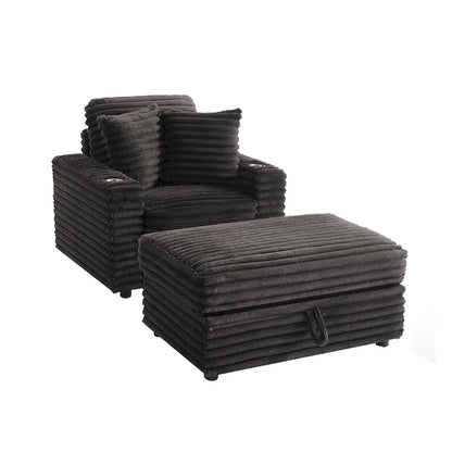 Oversized Cotton Flannel Chaise Longue with Storage Ottoman