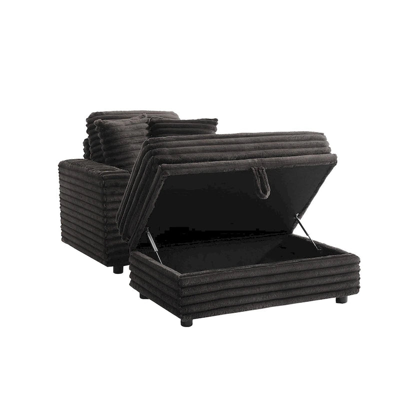 Oversized Cotton Flannel Chaise Longue with Storage Ottoman