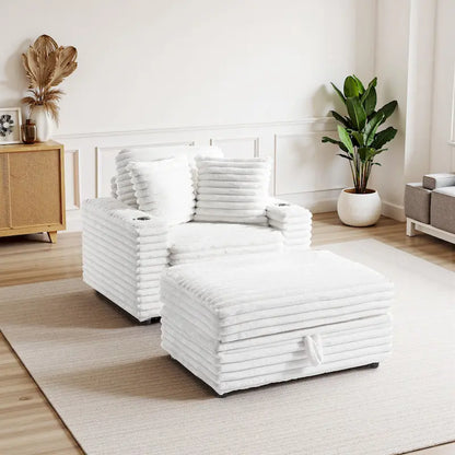 Oversized Cotton Flannel Chaise Longue with Storage Ottoman