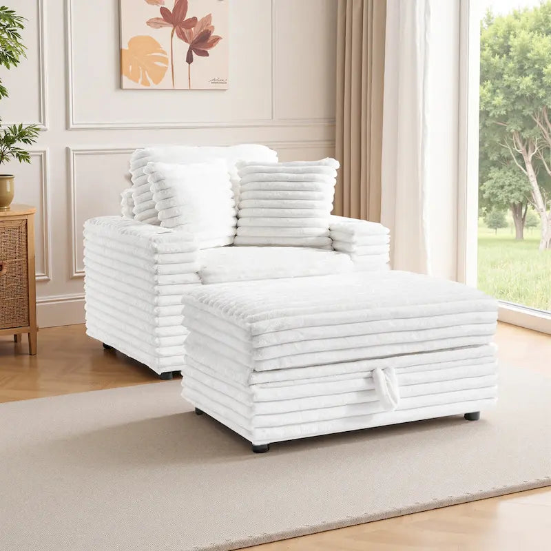 Oversized Cotton Flannel Chaise Longue with Storage Ottoman