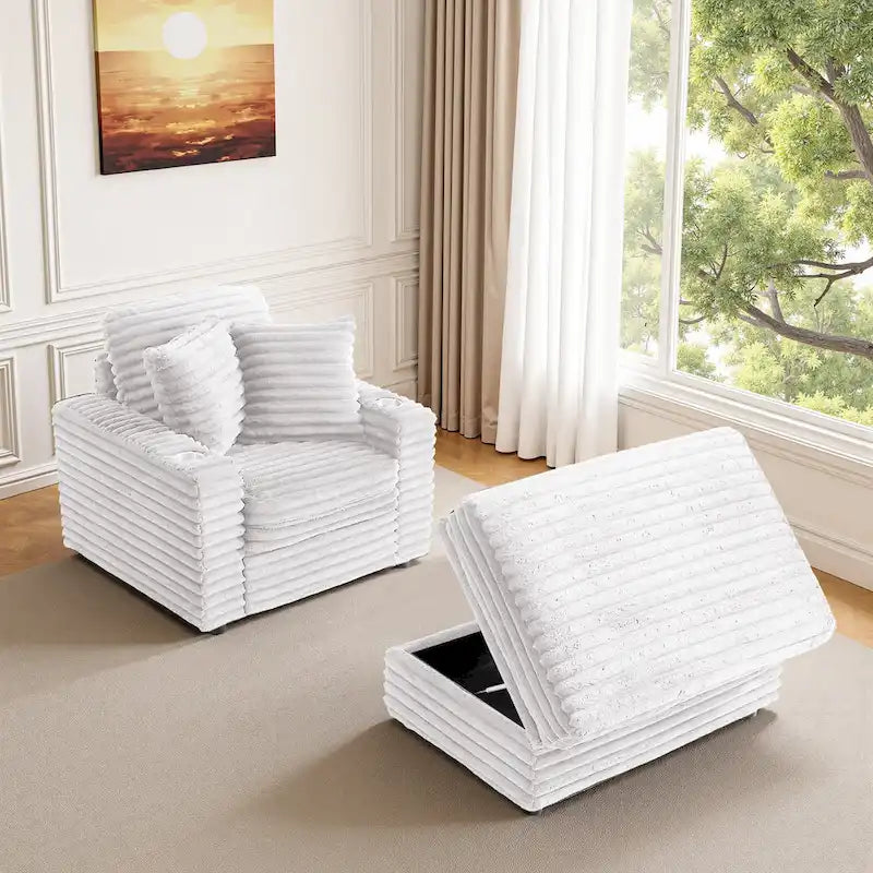 Oversized Cotton Flannel Chaise Longue with Storage Ottoman