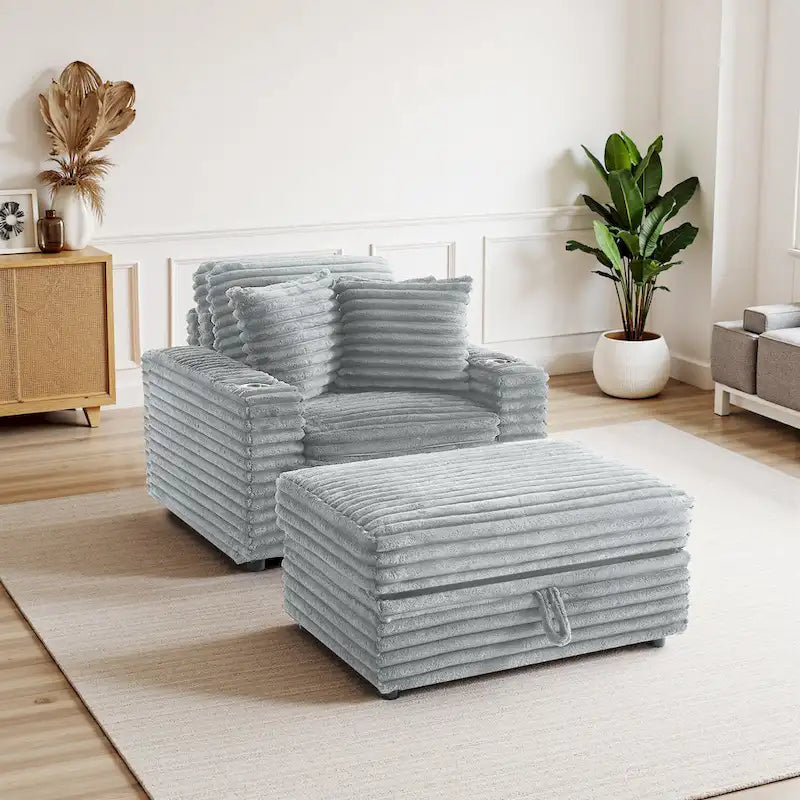 Oversized Cotton Flannel Chaise Longue with Storage Ottoman
