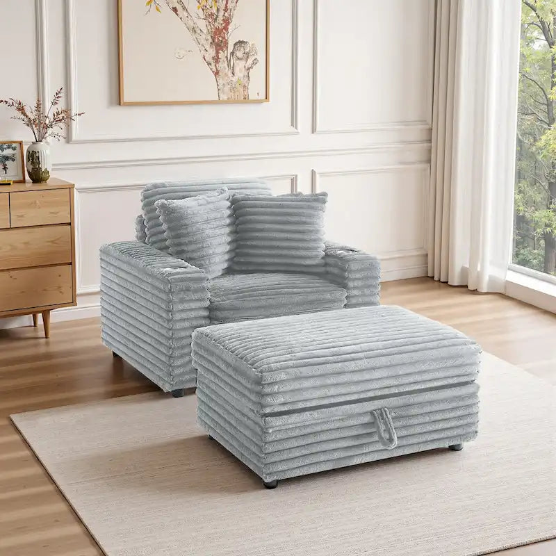 Oversized Cotton Flannel Chaise Longue with Storage Ottoman