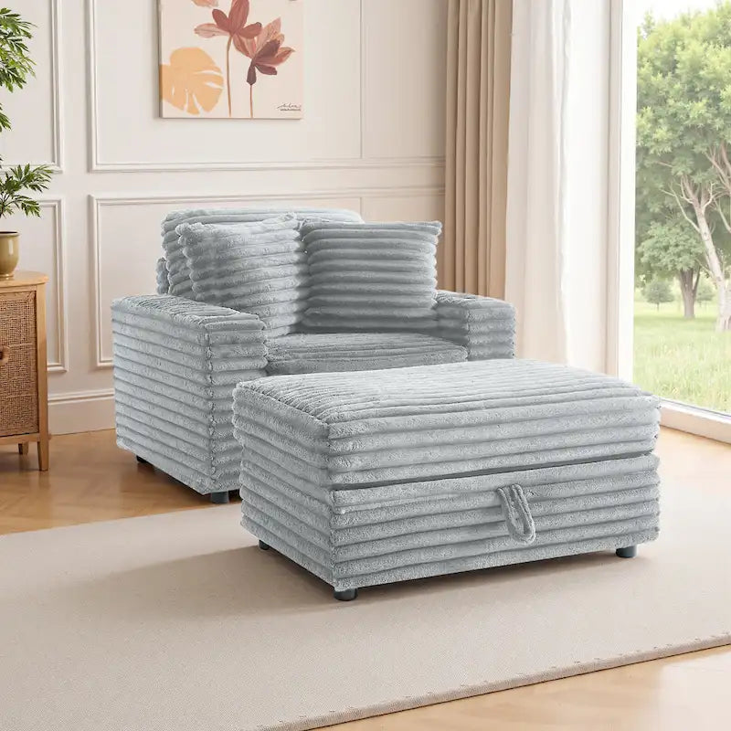 Oversized Cotton Flannel Chaise Longue with Storage Ottoman