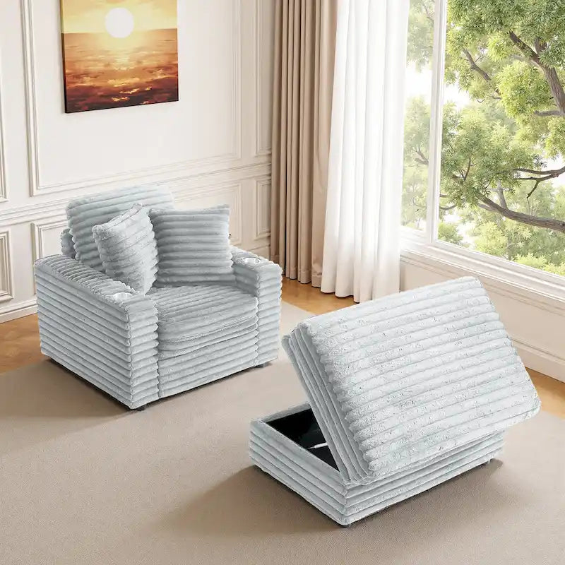 Oversized Cotton Flannel Chaise Longue with Storage Ottoman