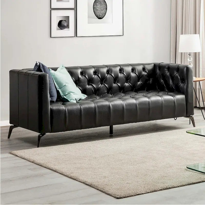 Nestor Transitional Genuine Leather Sofa with Metal Legs and Tufted Back