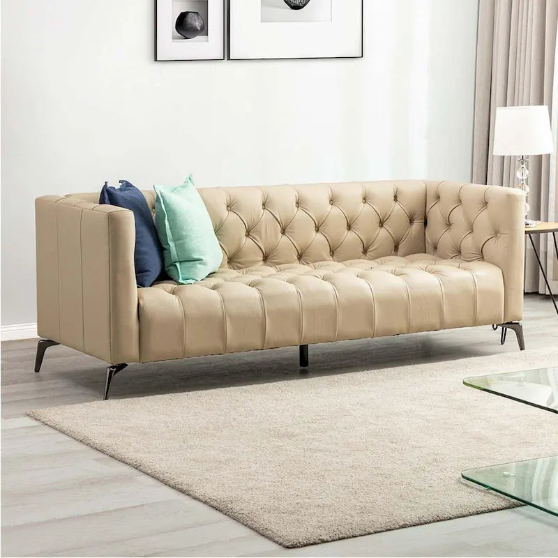 Nestor Transitional Genuine Leather Sofa with Metal Legs and Tufted Back