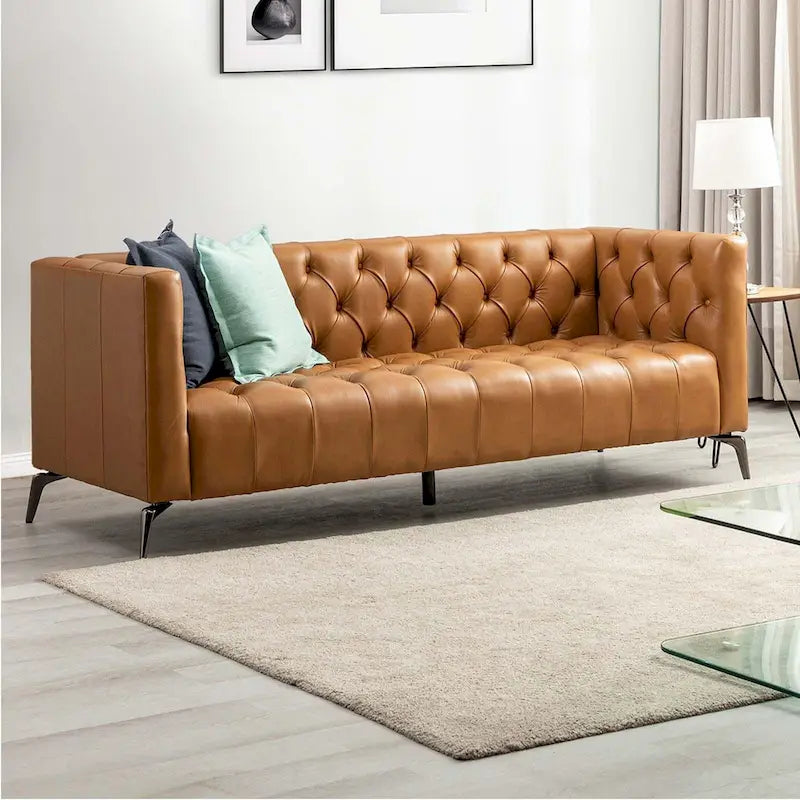 Nestor Transitional Genuine Leather Sofa with Metal Legs and Tufted Back