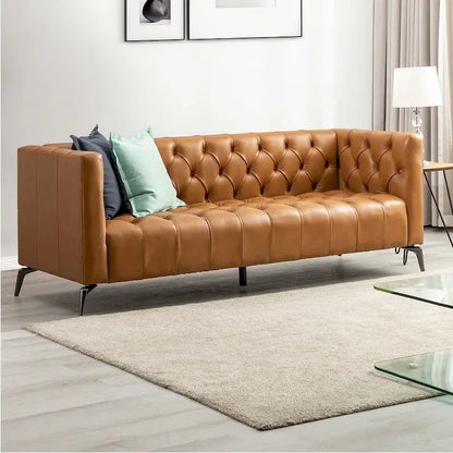 Nestor Transitional Genuine Leather Sofa with Metal Legs and Tufted Back