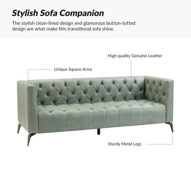 Nestor Transitional Genuine Leather Sofa with Metal Legs and Tufted Back