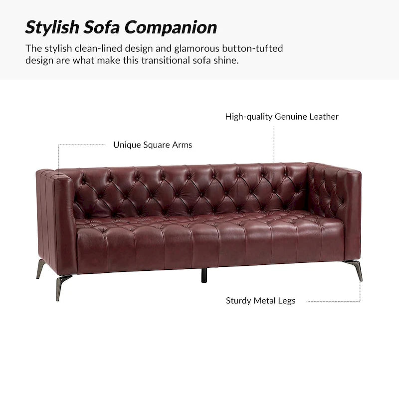 Nestor Transitional Genuine Leather Sofa with Metal Legs and Tufted Back