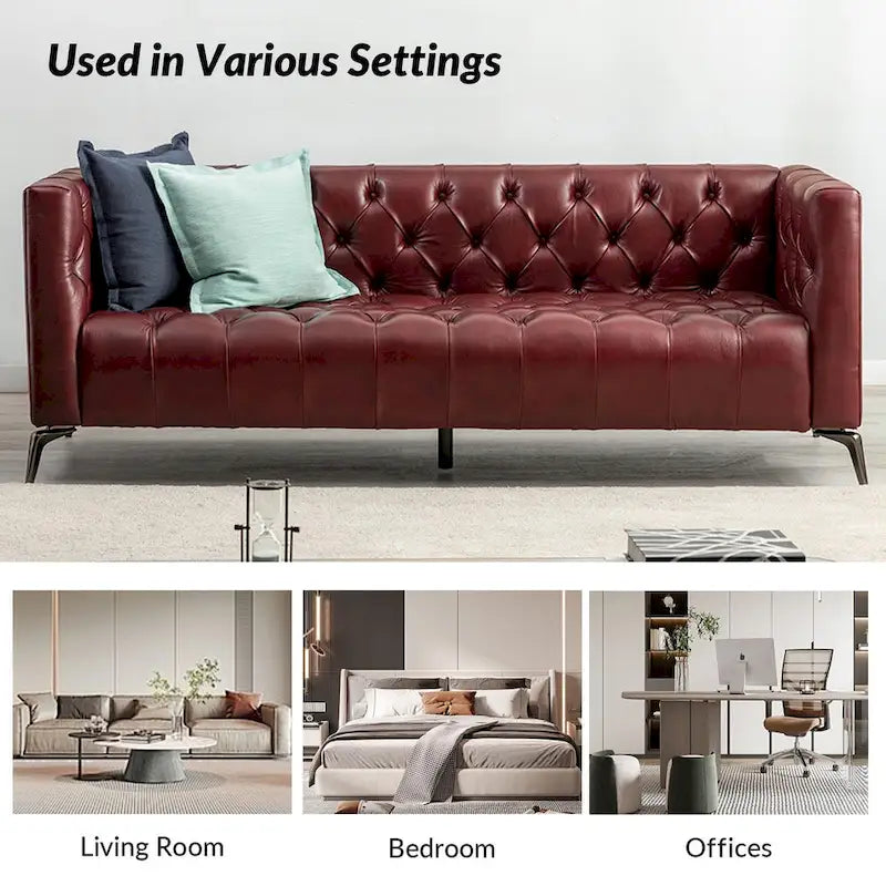 Nestor Transitional Genuine Leather Sofa with Metal Legs and Tufted Back