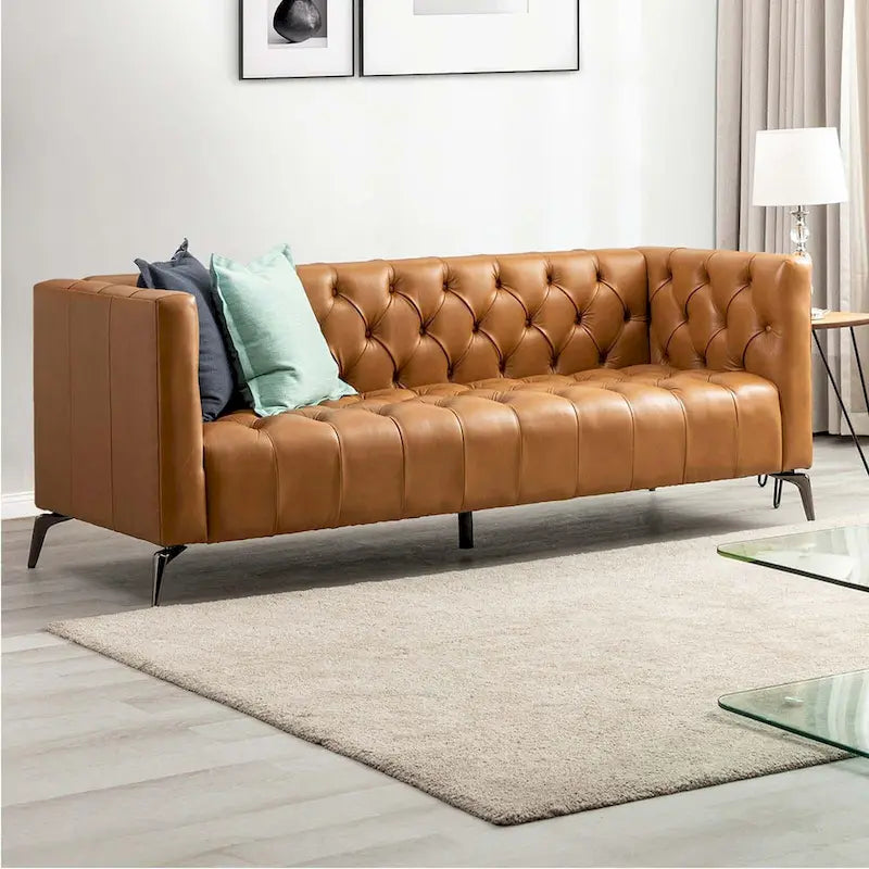 Nestor Transitional Genuine Leather Sofa with Metal Legs and Tufted Back