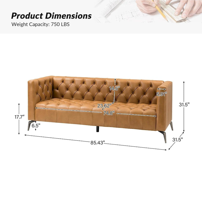 Nestor Transitional Genuine Leather Sofa with Metal Legs and Tufted Back