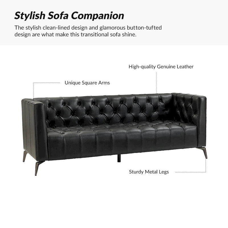 Nestor Transitional Genuine Leather Sofa with Metal Legs and Tufted Back