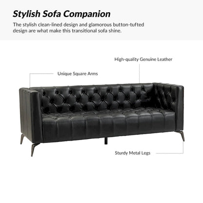Nestor Transitional Genuine Leather Sofa with Metal Legs and Tufted Back