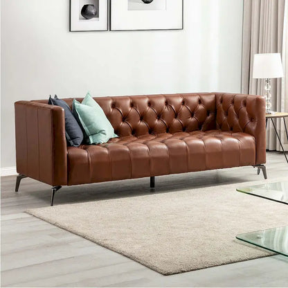 Nestor Transitional Genuine Leather Sofa with Metal Legs and Tufted Back