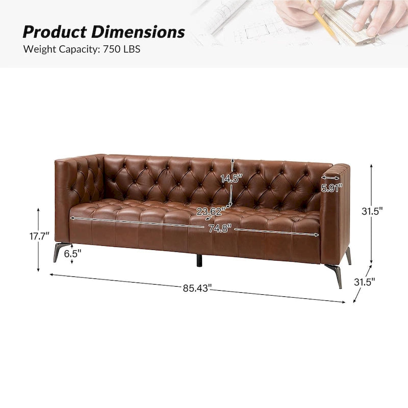 Nestor Transitional Genuine Leather Sofa with Metal Legs and Tufted Back