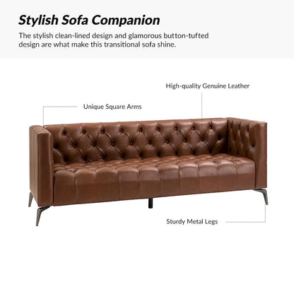 Nestor Transitional Genuine Leather Sofa with Metal Legs and Tufted Back