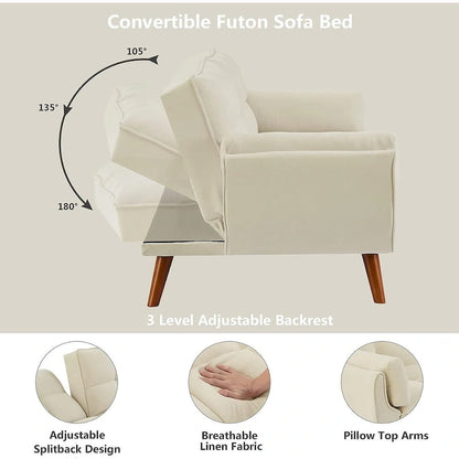 Futon bed Velvet Sofa, Adjustable Backrest Convertible Sleeper Futon Loveseat with Tapered Wood Legs for Living Room, Bedroom