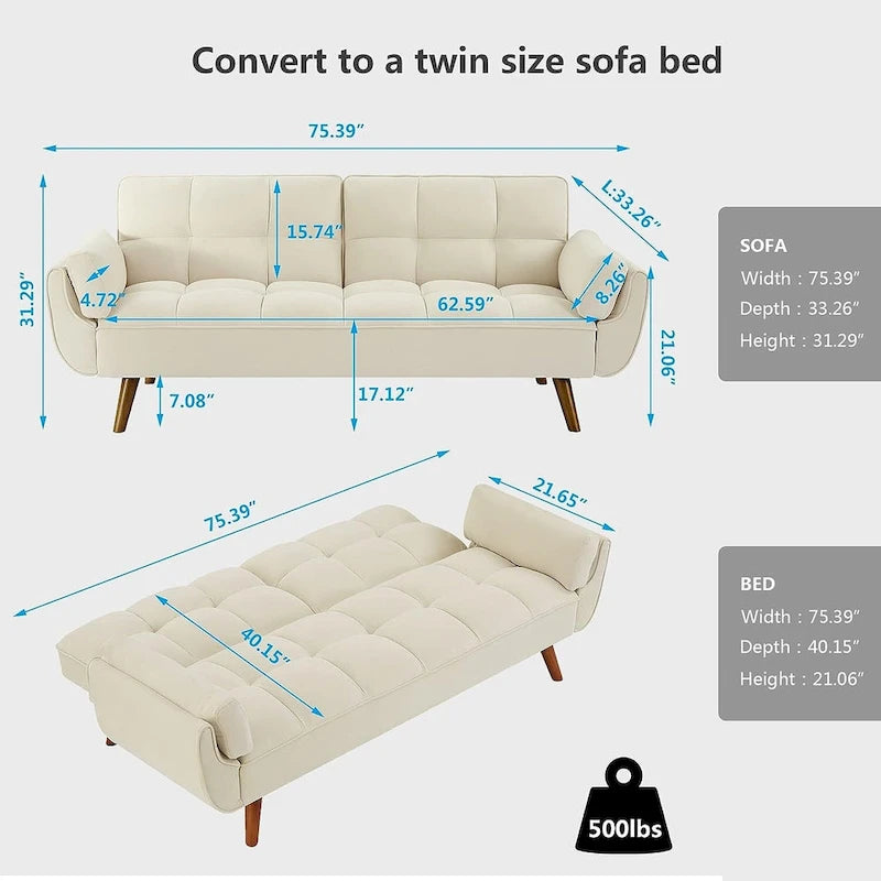 Futon bed Velvet Sofa, Adjustable Backrest Convertible Sleeper Futon Loveseat with Tapered Wood Legs for Living Room, Bedroom