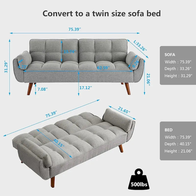 Futon bed Velvet Sofa, Adjustable Backrest Convertible Sleeper Futon Loveseat with Tapered Wood Legs for Living Room, Bedroom