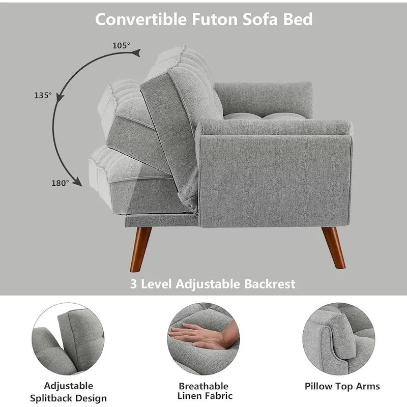 Futon bed Velvet Sofa, Adjustable Backrest Convertible Sleeper Futon Loveseat with Tapered Wood Legs for Living Room, Bedroom