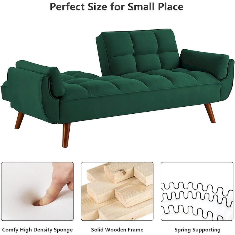 Futon bed Velvet Sofa, Adjustable Backrest Convertible Sleeper Futon Loveseat with Tapered Wood Legs for Living Room, Bedroom