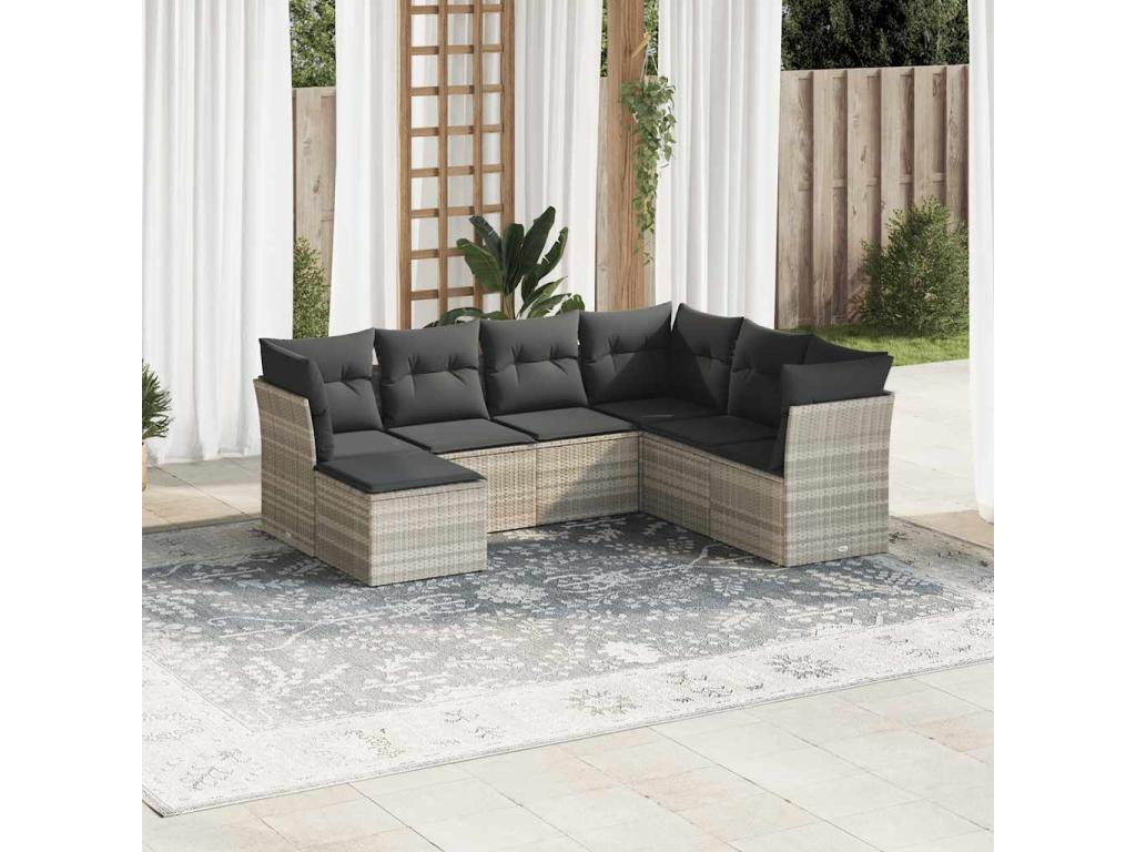 7-piece garden furniture set with cushions, light grey woven resin