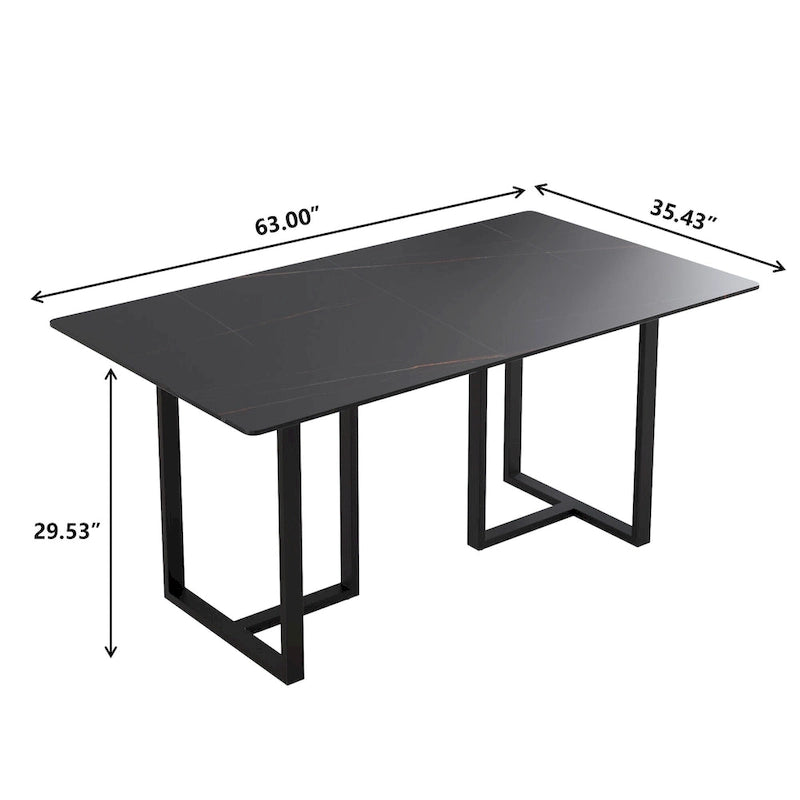 Black Modern 63L x 35W Rectangular Marble Dining Table with Steel Legs