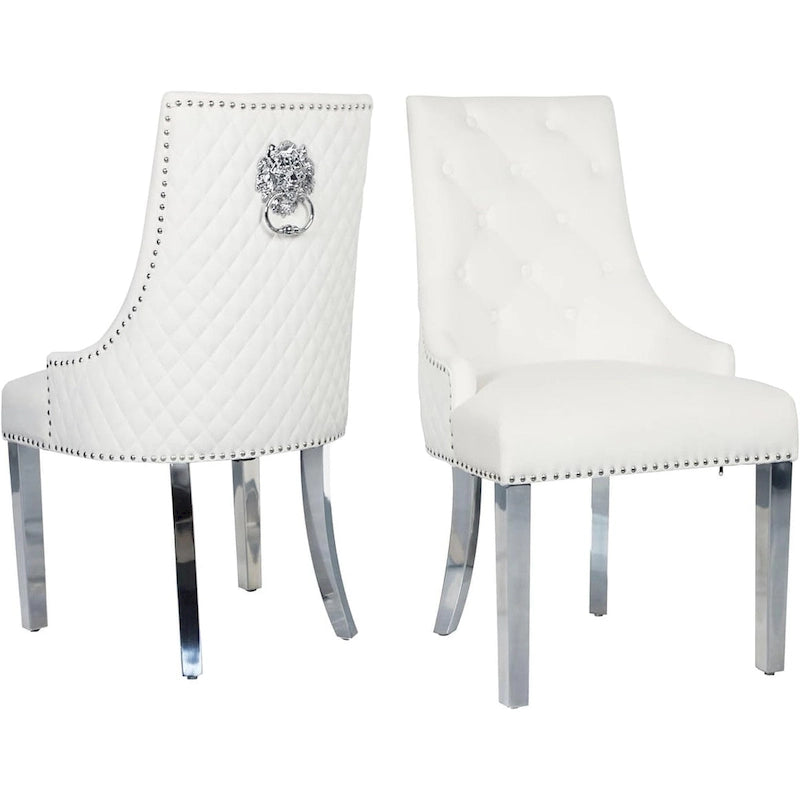 Velvet Dining Chairs Set of 2, Upholstered Tufted Nailhead Dining Room Chairs with Stainless Steel Legs & Lion Head Pull Ring