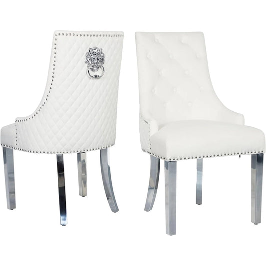 Velvet Dining Chairs Set of 2, Upholstered Tufted Nailhead Dining Room Chairs with Stainless Steel Legs & Lion Head Pull Ring
