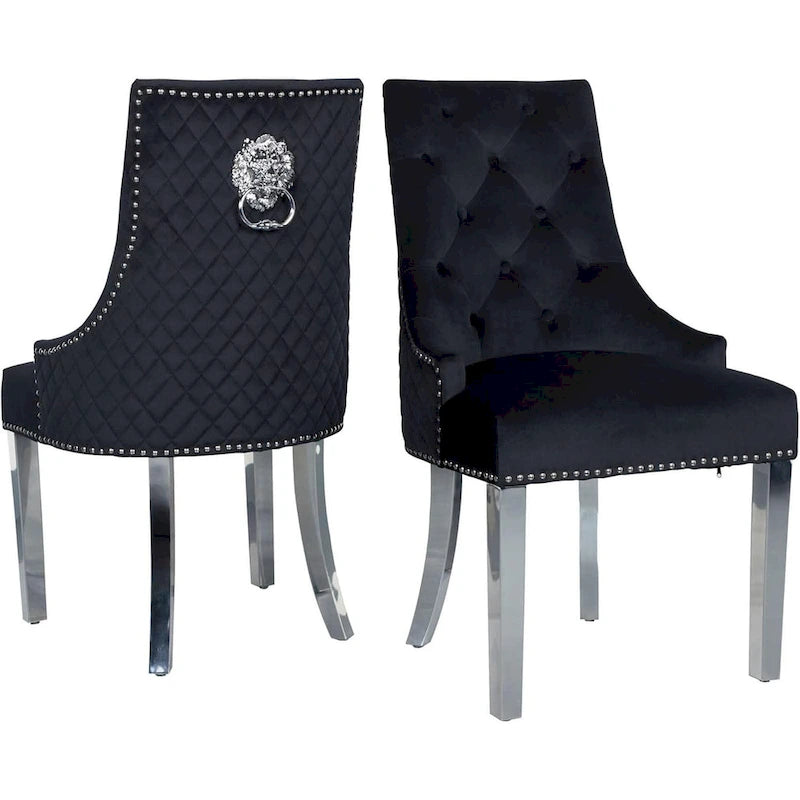 Velvet Dining Chairs Set of 2, Upholstered Tufted Nailhead Dining Room Chairs with Stainless Steel Legs & Lion Head Pull Ring