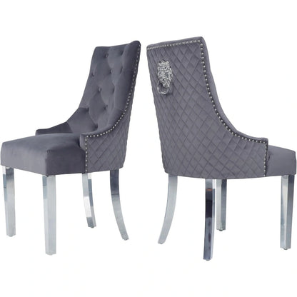 Velvet Dining Chairs Set of 2, Upholstered Tufted Nailhead Dining Room Chairs with Stainless Steel Legs & Lion Head Pull Ring