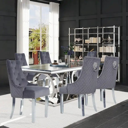 Velvet Dining Chairs Set of 2, Upholstered Tufted Nailhead Dining Room Chairs with Stainless Steel Legs & Lion Head Pull Ring