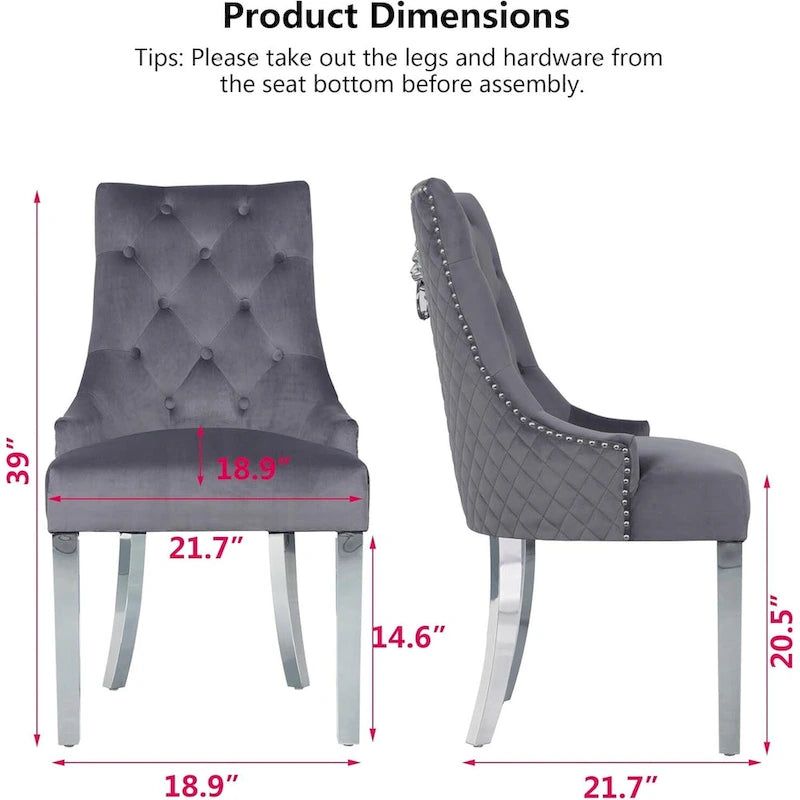 Velvet Dining Chairs Set of 2, Upholstered Tufted Nailhead Dining Room Chairs with Stainless Steel Legs & Lion Head Pull Ring
