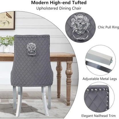Velvet Dining Chairs Set of 2, Upholstered Tufted Nailhead Dining Room Chairs with Stainless Steel Legs & Lion Head Pull Ring