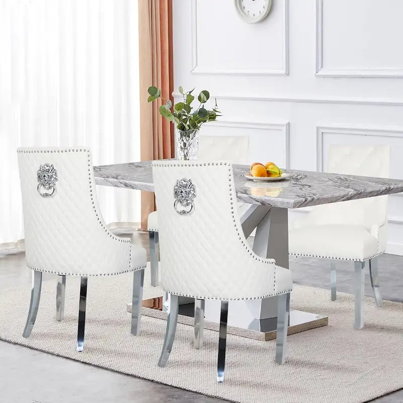 Velvet Dining Chairs Set of 2, Upholstered Tufted Nailhead Dining Room Chairs with Stainless Steel Legs & Lion Head Pull Ring