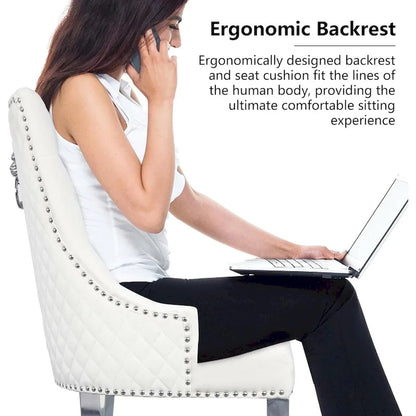 Velvet Dining Chairs Set of 2, Upholstered Tufted Nailhead Dining Room Chairs with Stainless Steel Legs & Lion Head Pull Ring