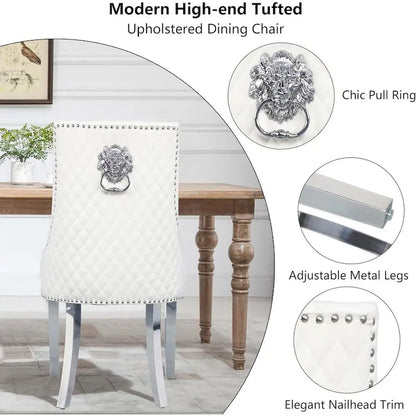 Velvet Dining Chairs Set of 2, Upholstered Tufted Nailhead Dining Room Chairs with Stainless Steel Legs & Lion Head Pull Ring
