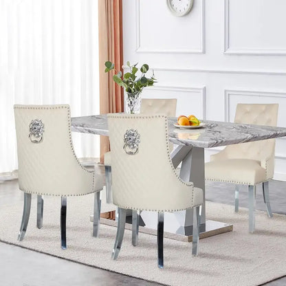 Velvet Dining Chairs Set of 2, Upholstered Tufted Nailhead Dining Room Chairs with Stainless Steel Legs & Lion Head Pull Ring