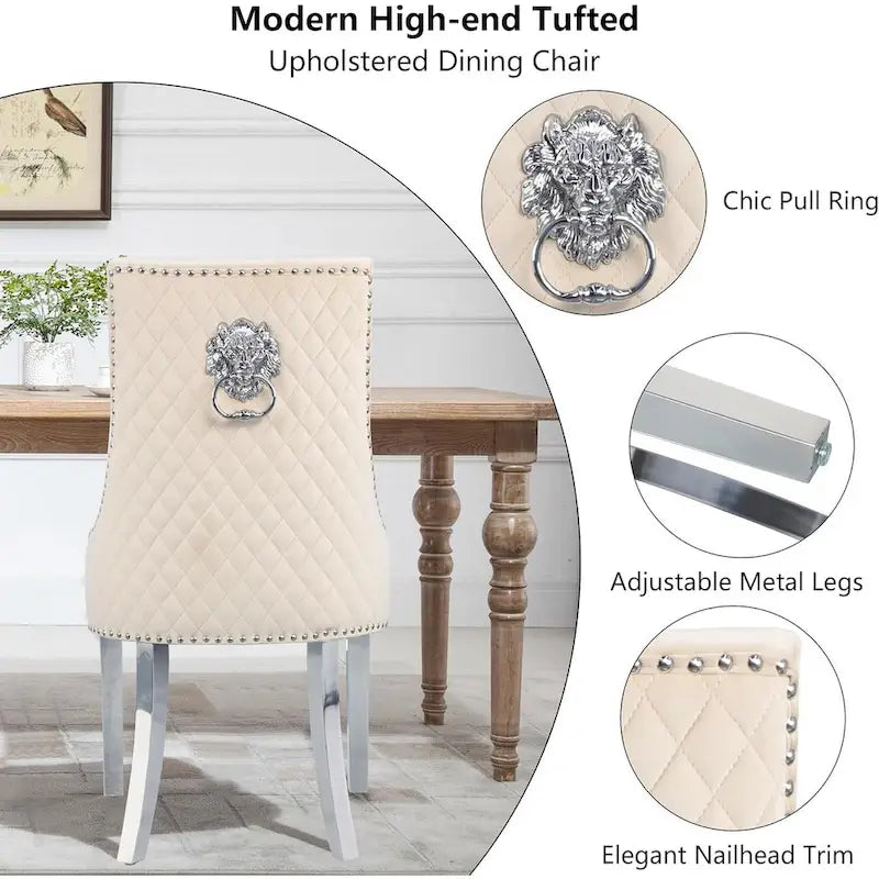 Velvet Dining Chairs Set of 2, Upholstered Tufted Nailhead Dining Room Chairs with Stainless Steel Legs & Lion Head Pull Ring