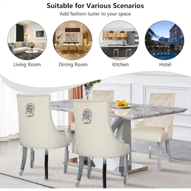 Velvet Dining Chairs Set of 2, Upholstered Tufted Nailhead Dining Room Chairs with Stainless Steel Legs & Lion Head Pull Ring