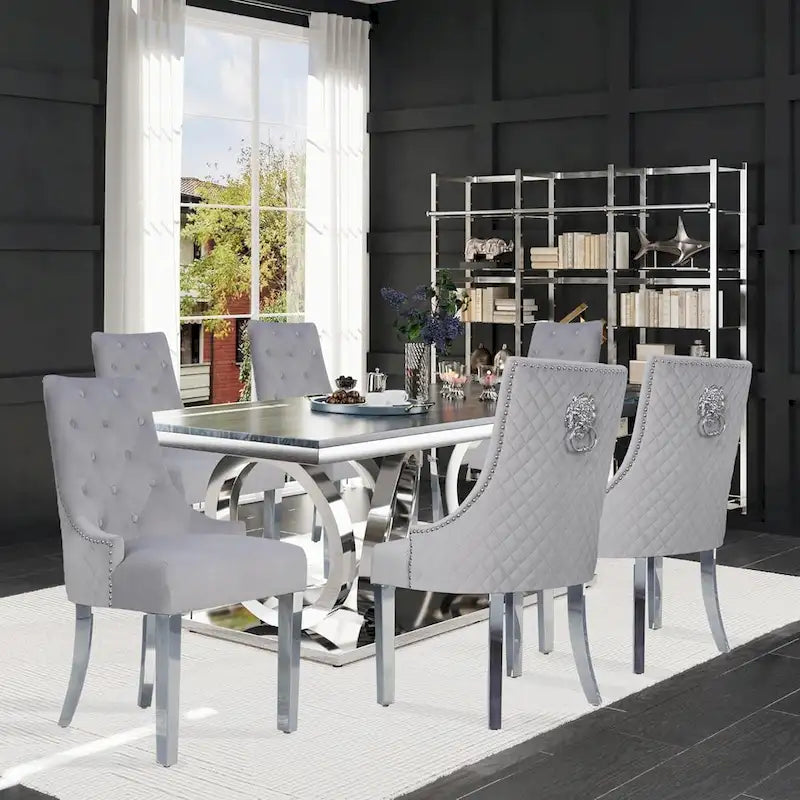 Velvet Dining Chairs Set of 2, Upholstered Tufted Nailhead Dining Room Chairs with Stainless Steel Legs & Lion Head Pull Ring